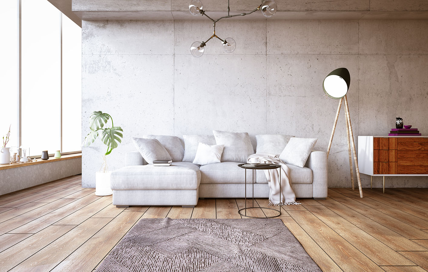helle Holzdielen in einem modernen Wohzimmer mit Betonwand und einer hellen Couch